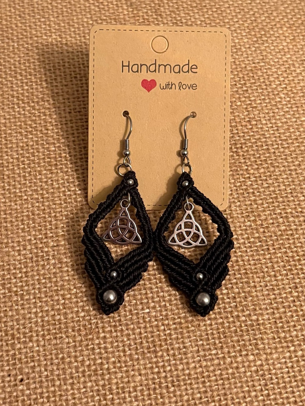 Handmade Black Macramé Earrings with Silver Celtic Charm